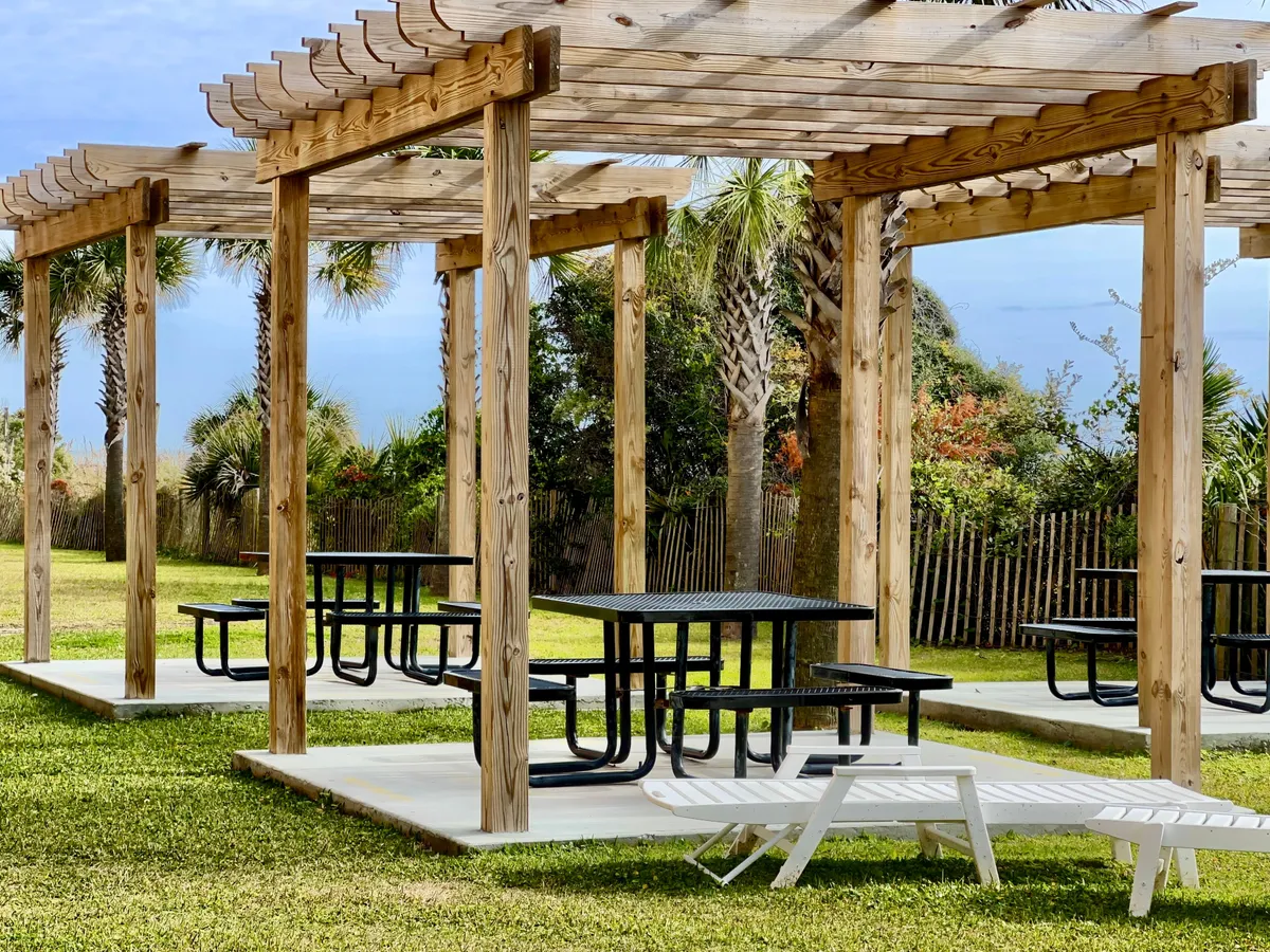 An inviting outdoor space with wooden pergolas, black picnic tables, lush green grass, and palm trees. This area is ideal for picnics, outdoor games, and casual group gatherings. The open layout and friendly mood encourage socializing and making memories together in a resort setting.